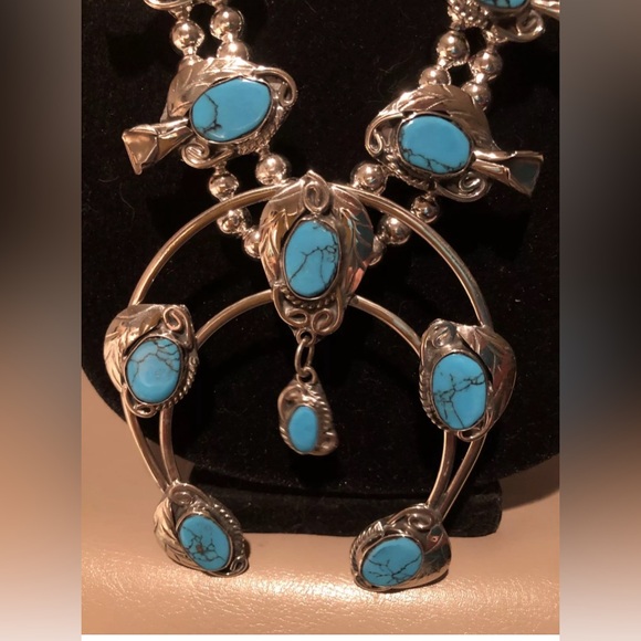KINGMAN Turquoise Silver Squash Blossom Necklace by Native Jeweler GORGEOUS! ✨ - Picture 4 of 11